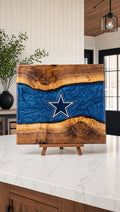 Dallas blue resin and walnut engraved board on a kitchen island