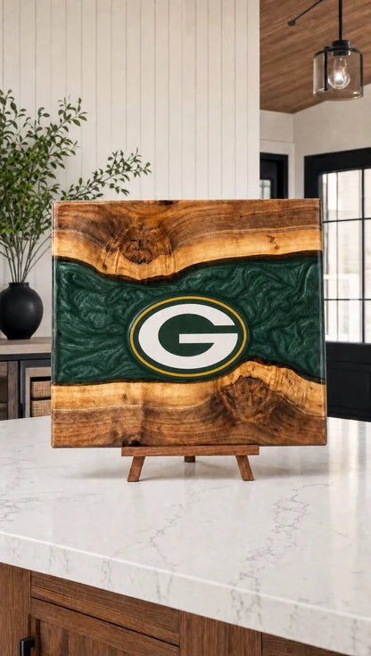 Green resin and walnut engraved board on a kitchen island