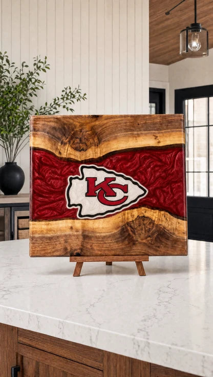 Red resin and walnut engraved board on a kitchen island