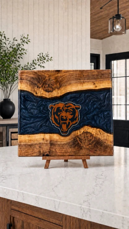 Navy resin walnut engraved board on a kitchen island