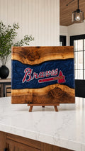 Walnut board with navy resin river and script lettering