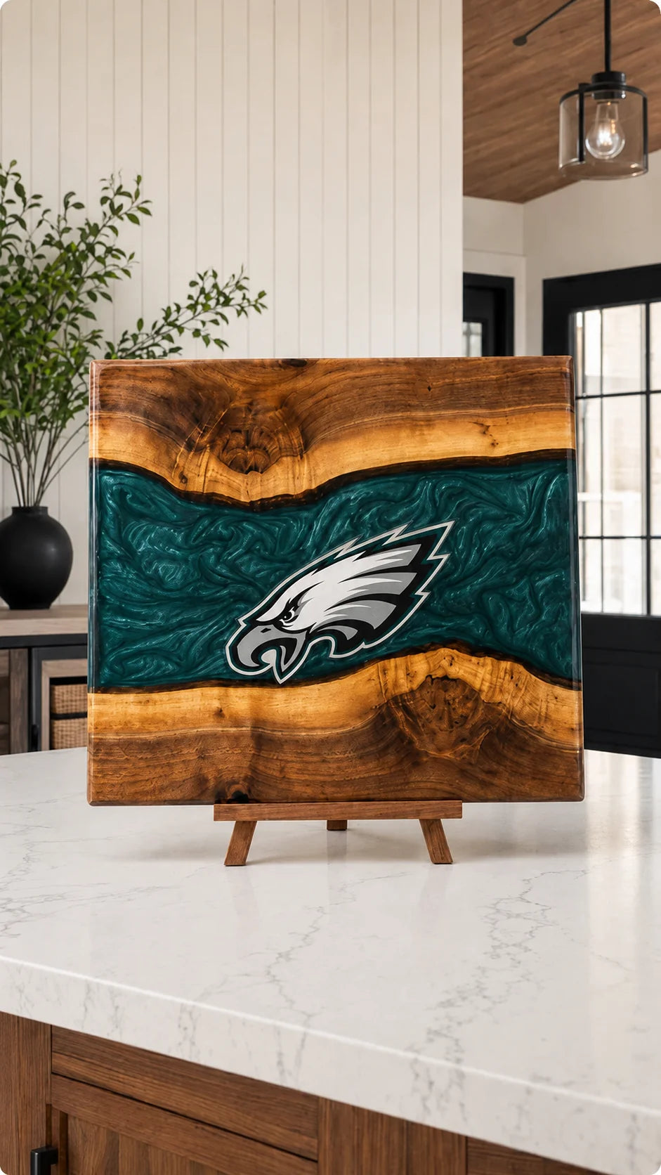 Walnut board with green resin river and Philadelphia crest