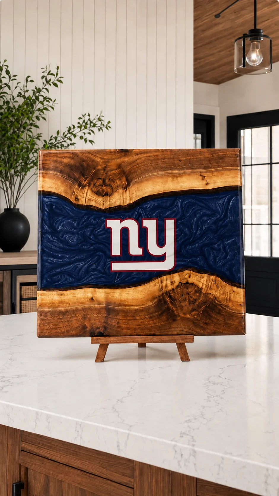 Walnut board with navy resin river and New York lettering