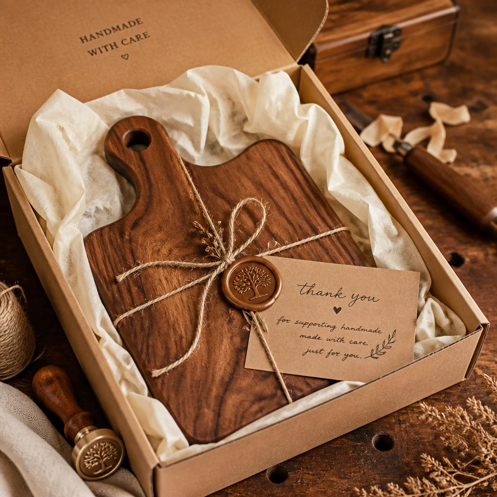 Cutting board gift wrapped in tissue paper by Katie