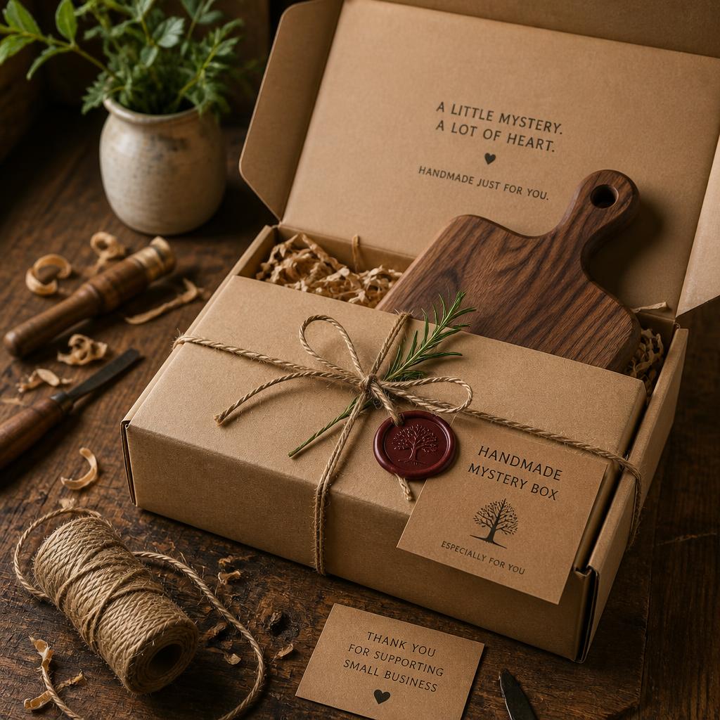 Katie's handmade mystery box wrapped in kraft paper